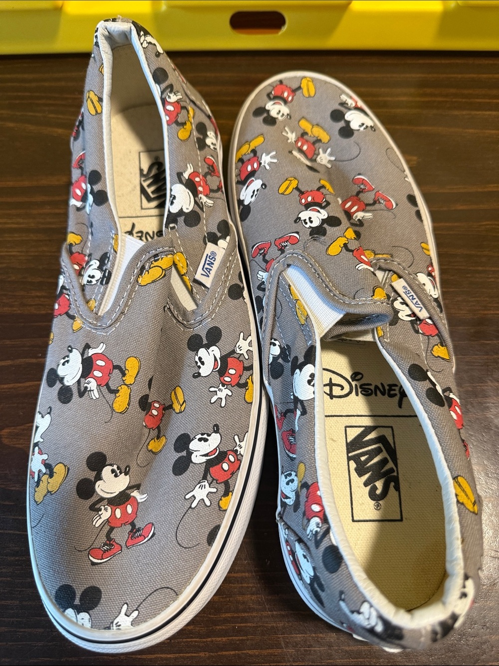 Vans Womans Slip-On Sneakers in Gray with Red and Yellow Mickey Print